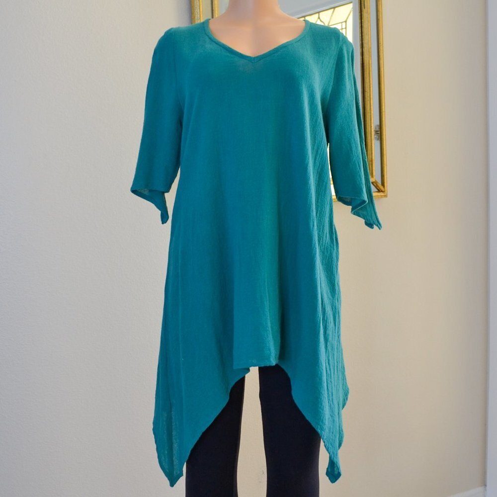 Fiaga Mexico Women Green Handkerchief Tunic Top Bell Shape Open Sleeves Cotton S - Picture 3 of 13